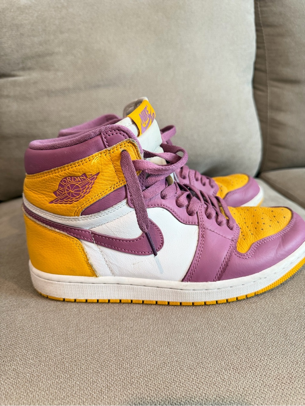 Jordan Women’s High-Top Sneakers — Purple, Yellow & White
